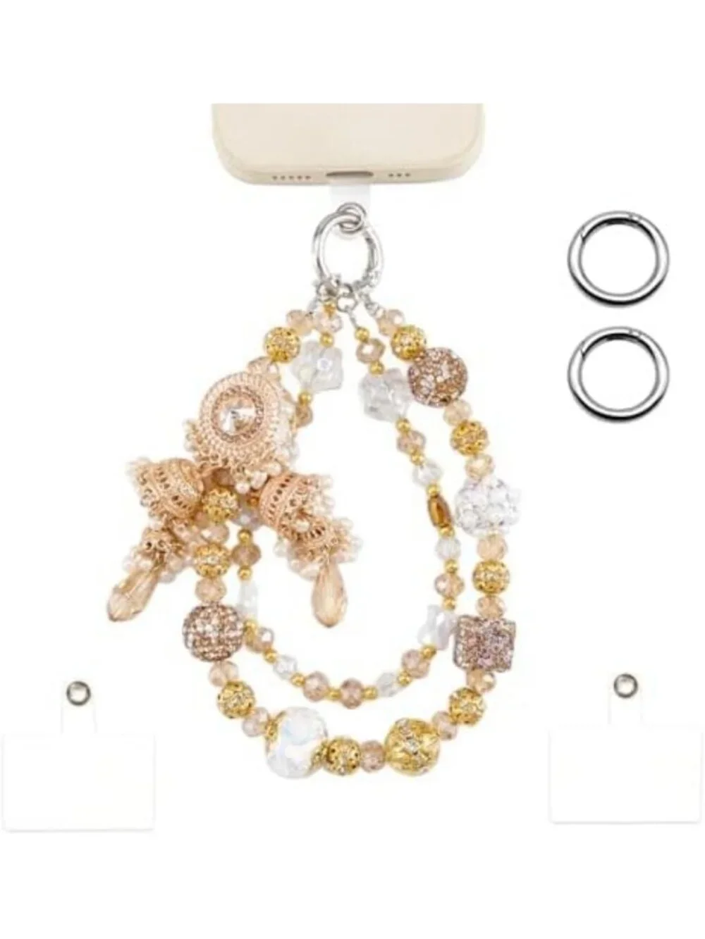 Elegant Jeweled Phone Charm Strap - Black & Gold Wrist Accessory for Phones